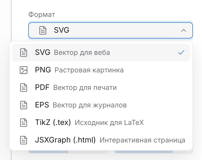 Раскрытый список «Формат»: SVG, PNG, PDF, EPS, TikZ (.tex), JSXGraph (.html)